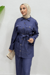 Polka Kuşaklı Ceket-Pantolon Denim Tesettür Takım- İndigo