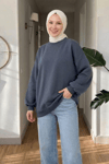 Pony 3 İplik Şardonlu Oversize Basic Sweatshirt- Füme Standart (40-46 Uyumlu)