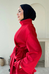 Rabi Scuba Kumaş Dik Yaka Tunik- Pantolon Tesettür Takım- Kırmızı