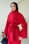 Rabi Scuba Kumaş Dik Yaka Tunik- Pantolon Tesettür Takım- Kırmızı
