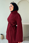 Rabi Scuba Kumaş Dik Yaka Tunik- Pantolon Tesettür Takım- Bordo