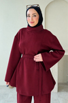 Rabi Scuba Kumaş Dik Yaka Tunik- Pantolon Tesettür Takım- Bordo
