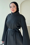 Rabi Scuba Kumaş Dik Yaka Tunik- Pantolon Tesettür Takım- Siyah