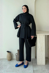 Rabi Scuba Kumaş Dik Yaka Tunik- Pantolon Tesettür Takım- Siyah