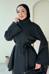 Rabi Scuba Kumaş Dik Yaka Tunik- Pantolon Tesettür Takım- Siyah