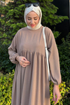 Robalı Ayrobin Elbise-Bej