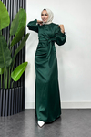 Roya Model Yandan Bağlamalı Saten Abiye-Zümrüt