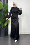 Roya Model Yandan Bağlamalı Saten Abiye-Siyah