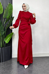 Roya Model Yandan Bağlamalı Saten Abiye-Kırmızı