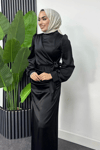 Roya Model Yandan Bağlamalı Saten Abiye-Siyah