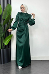 Roya Model Yandan Bağlamalı Saten Abiye-Zümrüt