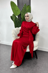 Roya Model Yandan Bağlamalı Saten Abiye-Kırmızı
