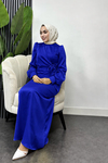 Roya Model Yandan Bağlamalı Saten Abiye-Saks Mavi