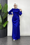 Roya Model Yandan Bağlamalı Saten Abiye-Saks Mavi
