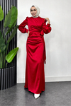 Roya Model Yandan Bağlamalı Saten Abiye-Kırmızı