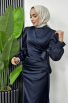 Roya Model Yandan Bağlamalı Saten Abiye-Lacivert