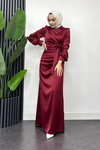 Roya Model Yandan Bağlamalı Saten Abiye-Bordo