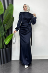 Roya Model Yandan Bağlamalı Saten Abiye-Lacivert