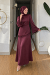 Sahra Taş Püsküllü Saten Kumaş Tesettür Abiye- Bordo