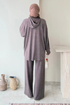 Sinay Kapüşonlu Fermuarlı Örme Triko Tesettür Takım- Kahverengi