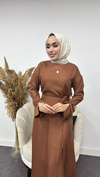 Sofya Keten Eteği Bağlamalı Takım-Kahverengi