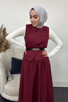 Sofya Keten Kumaş Yelek ve Etek 2 li Takım-Bordo