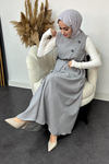 Sofya Keten Kumaş Yelek ve Etek 2 li Takım-Gri