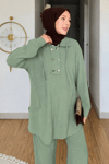 Tulas Aeorbin Kumaş Dik Yaka Tunik-Pantolon Tesettür Takım- Yeşil