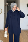 Tulas Aeorbin Kumaş Dik Yaka Tunik-Pantolon Tesettür Takım- Lacivert
