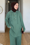 Tulas Aeorbin Kumaş Dik Yaka Tunik-Pantolon Tesettür Takım- Turkuaz