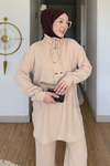 Tulas Aeorbin Kumaş Dik Yaka Tunik-Pantolon Tesettür Takım- Bej
