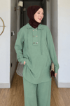 Tulas Aeorbin Kumaş Dik Yaka Tunik-Pantolon Tesettür Takım- Yeşil