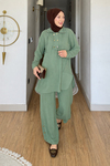 Tulas Aeorbin Kumaş Dik Yaka Tunik-Pantolon Tesettür Takım- Yeşil