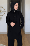Tulas Aeorbin Kumaş Dik Yaka Tunik-Pantolon Tesettür Takım- Siyah