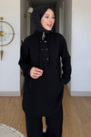 Tulas Aeorbin Kumaş Dik Yaka Tunik-Pantolon Tesettür Takım- Siyah