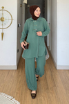 Tulas Aeorbin Kumaş Dik Yaka Tunik-Pantolon Tesettür Takım- Turkuaz