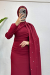 Yade Krep Kumaş Pelerinli Taşlı Tesettür Abiye- Bordo