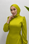 Yandan Çapraz Bağlamalı Saten Tesettür Abiye-Yağ Yeşili