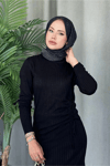Yanı Büzgülü Triko Tesettür Elbise- Siyah