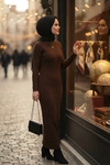 Yarım Fermuarlı Triko Oversize Elbise- Kahverengi Standart (36-42 Uyumlu)