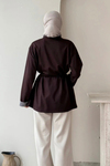 Yuri Orijinal Modal Kumaş Yaka ve Manşeti Pötikareli Tesettür Tunik- Kahverengi