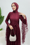 Zelal Kuşaklı Dantel Tesettür Abiye- Bordo