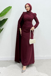 Zerina Taşlı Pelerinli Krep Kumaş Tesettür Abiye- Bordo