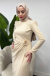 Zümre Model Krep Kumaş Gül Detaylı Elbise-Krem