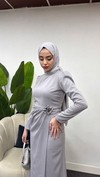 Zümre Model Krep Kumaş Gül Detaylı Elbise-Açık Gri