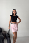 %100 Pamuk Parçaboya Mini Pembe Denim Etek