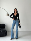 Açık Mavi Yüksek Bel İspanyol Paça Likralı Denim Pantolon 