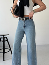 Açık Mavi Yüksek Bel Kemerli Cepsiz Geniş Paça  Denim Pantolon