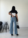 Açık Mavi Yüksek Bel Kemerli Cepsiz Geniş Paça  Denim Pantolon