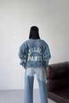Arkası Baskılı Oversize Kot Denim Ceket Mavi